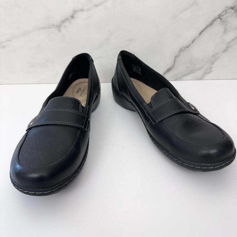 Clarks Womens Cora Daisy Flat Shoes Sz 9.5 Leather Comfort Minimal Cushion Black